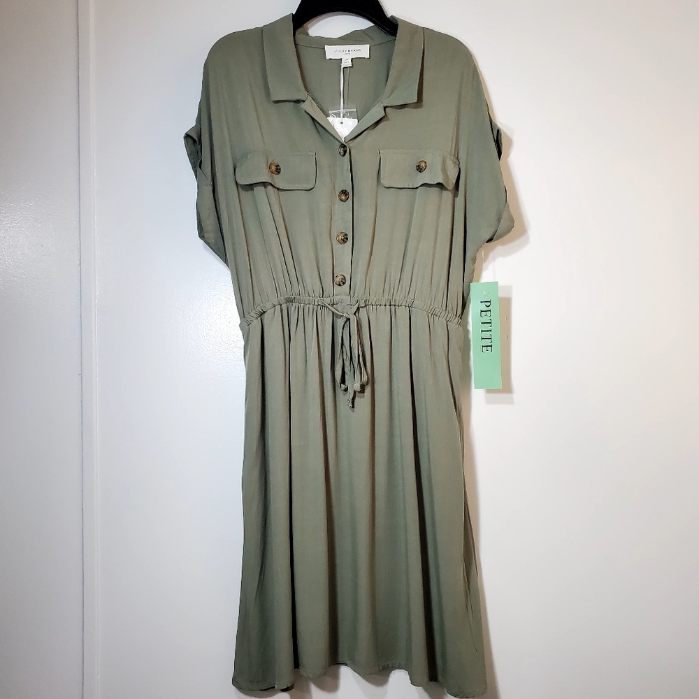 Womens Dress Petite Medium Olive Green Button-Up With Pockets Short Sleeve